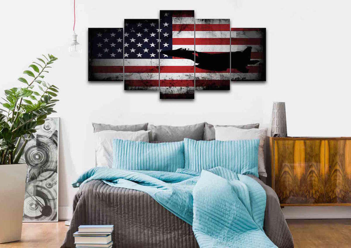 American Flag With Us Navy Airforce Jet Airplane Wall Art Canvas