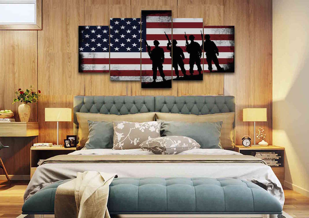 American Flag And 4 Us Army Marines Wall Art Canvas Painting Decor
