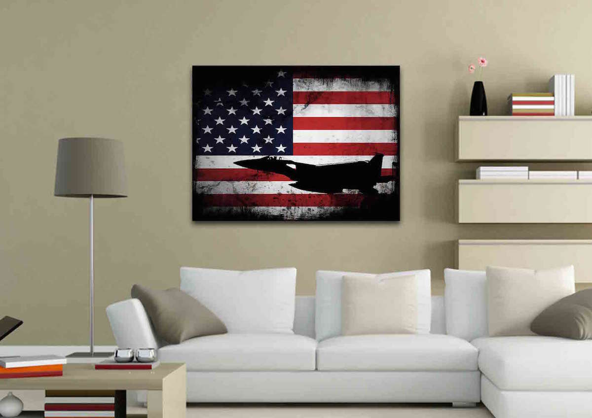 American Flag With Us Navy Airforce Jet Airplane Wall Art Canvas