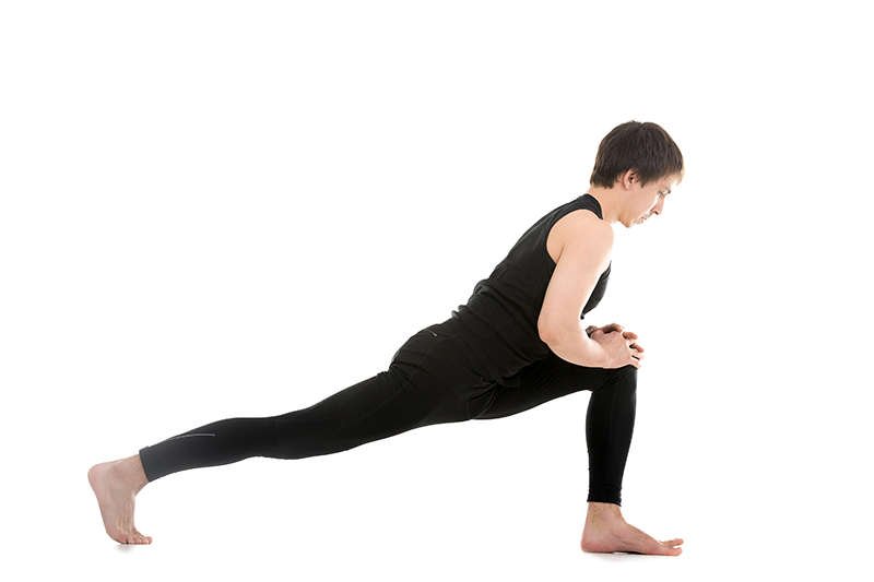 Stretch up High на белом фоне. Kneeling Lunge stretch. Page position