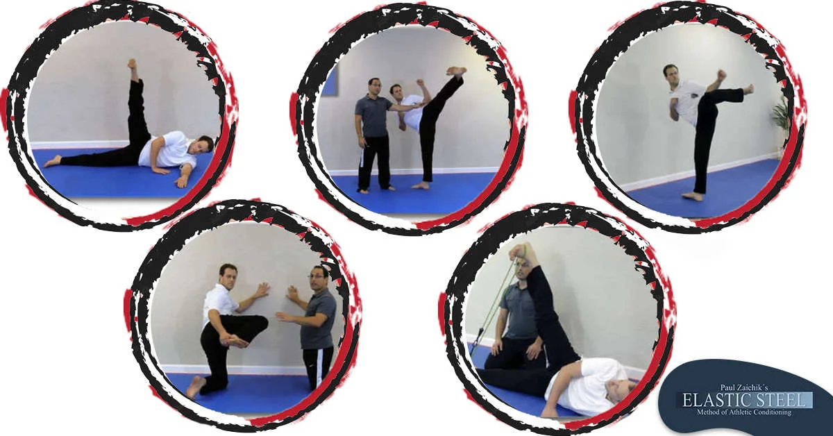 five images of Paul and a young man during  a side kick training
