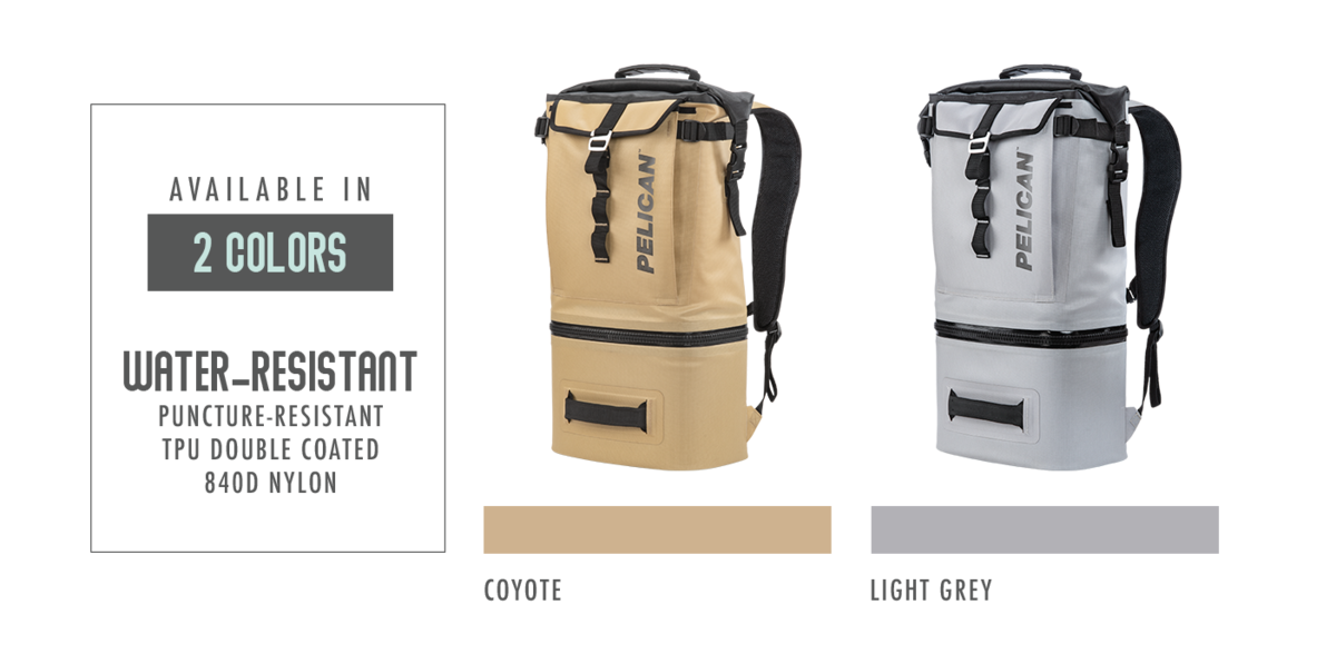 The Pelican Dayventure Backpack cooler is a available in Coyote Tan and light Grey.  The outer shell is made with 840 TPU puncture-resistant material.