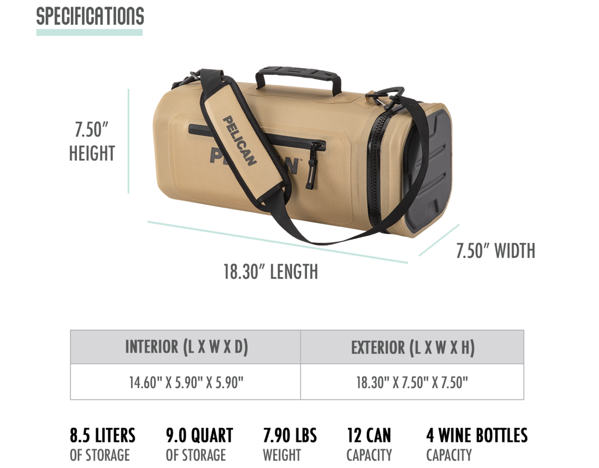 The Pelican Dayventure Sling Cooler has 8.5 liters of storage or 9.0 quarts of storage. Weighs 7.90 lbs. Holds 12 cans with ice or 4 wine bottles. The Pelican Dayventure Sling Cooler has 8.5 liters of storage or 9.0 quarts of storage. Weighs 7.90 lbs. Holds 12 cans with ice or 4 wine bottles.