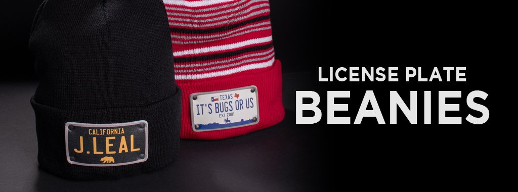 3 different men's hats beanies with different license plates  available to customize 