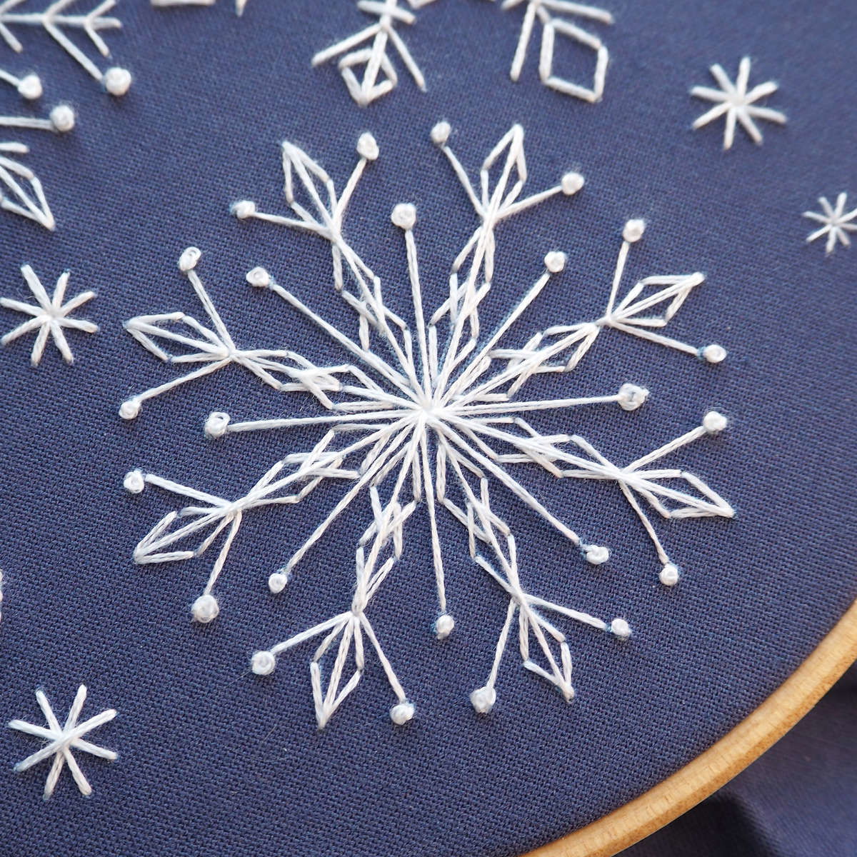 Snowflake Embroidered on blue fabric
