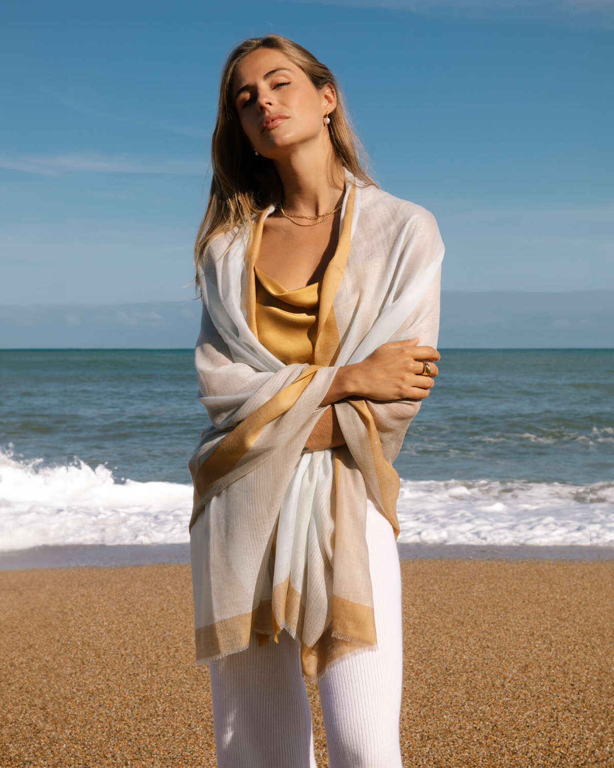 Aria Lightweight Cashmere Scarf - Gold / Sky Blue