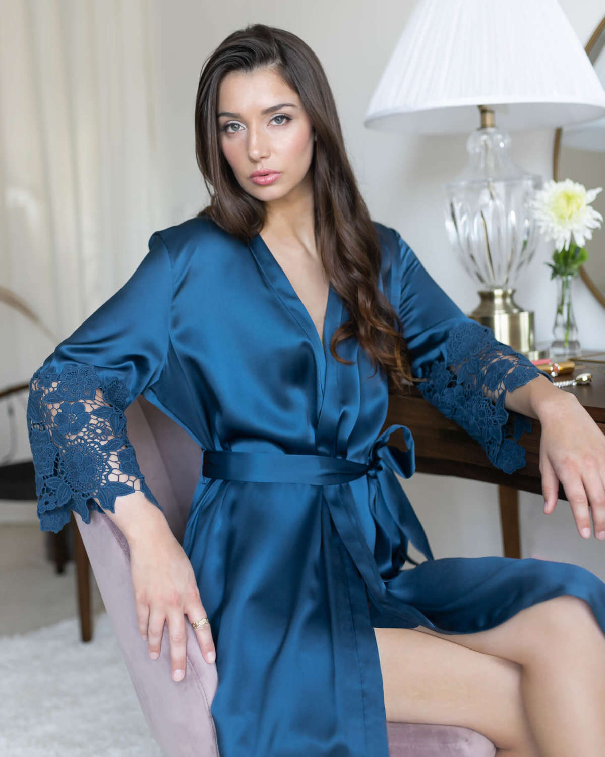 Chantella Silk Robe with Lace - Midnight Navy