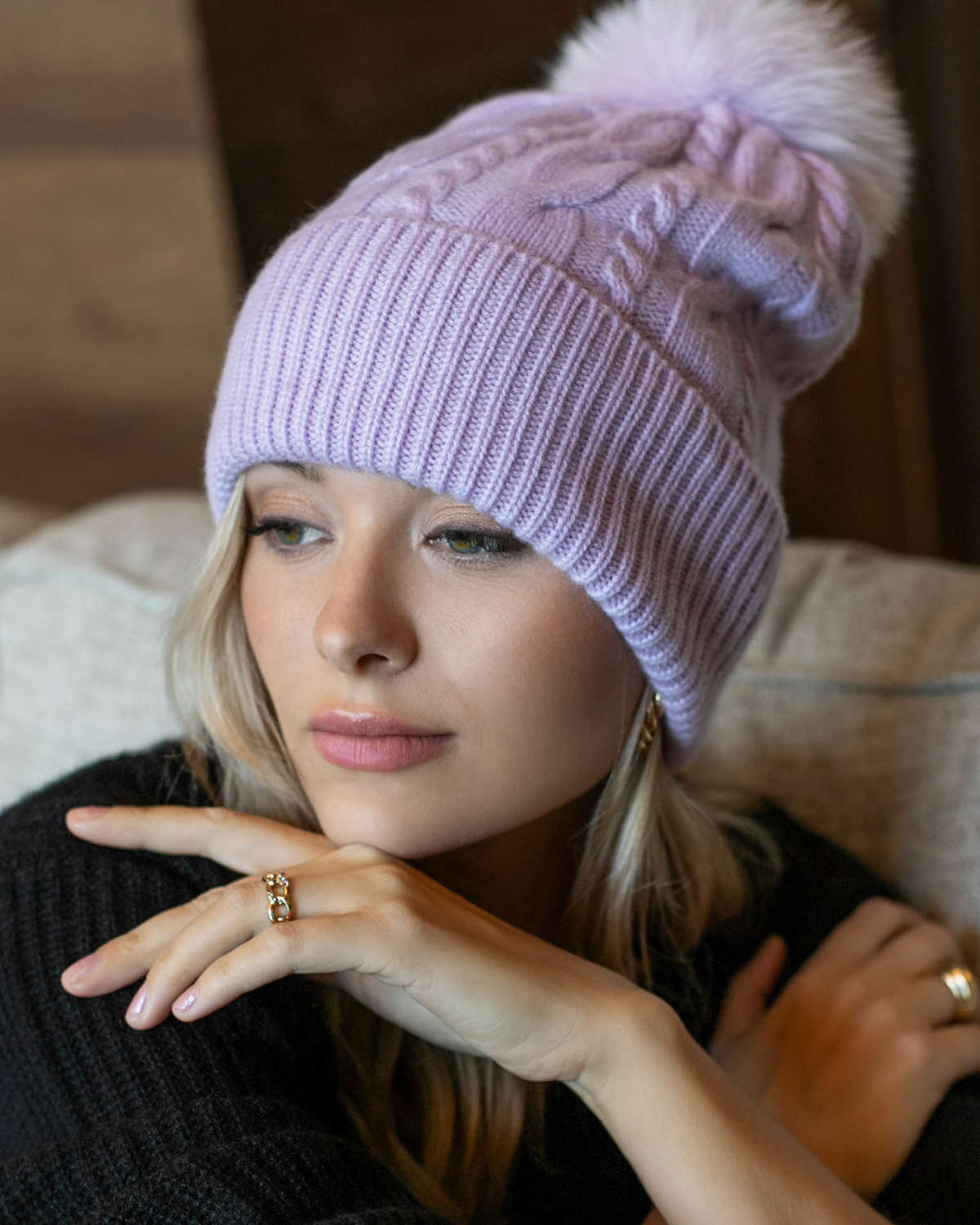 Cable-Knit Cashmere Beanie - Lavender Lilac