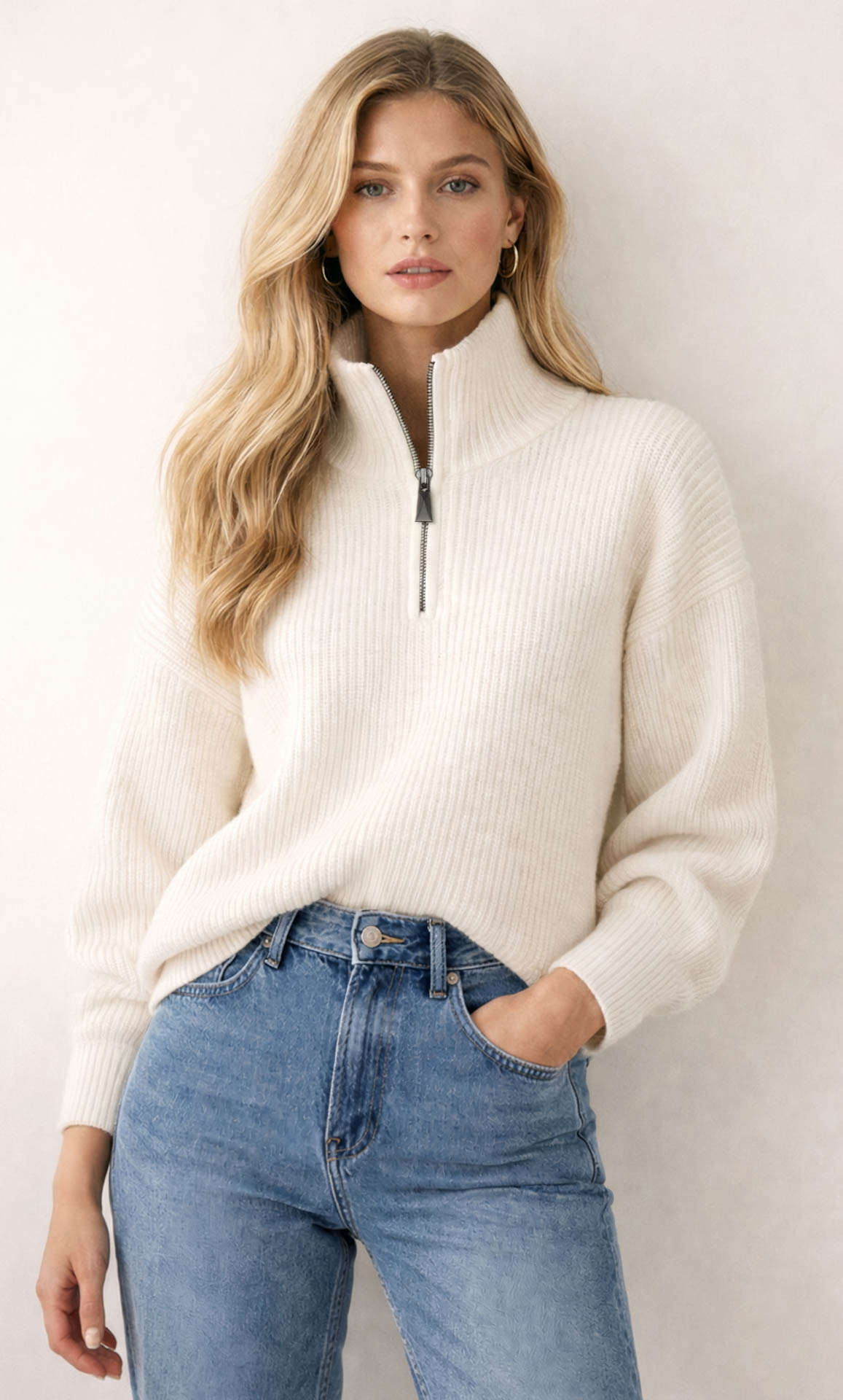 Cortina Cashmere Half-Zip Sweater - Natural White