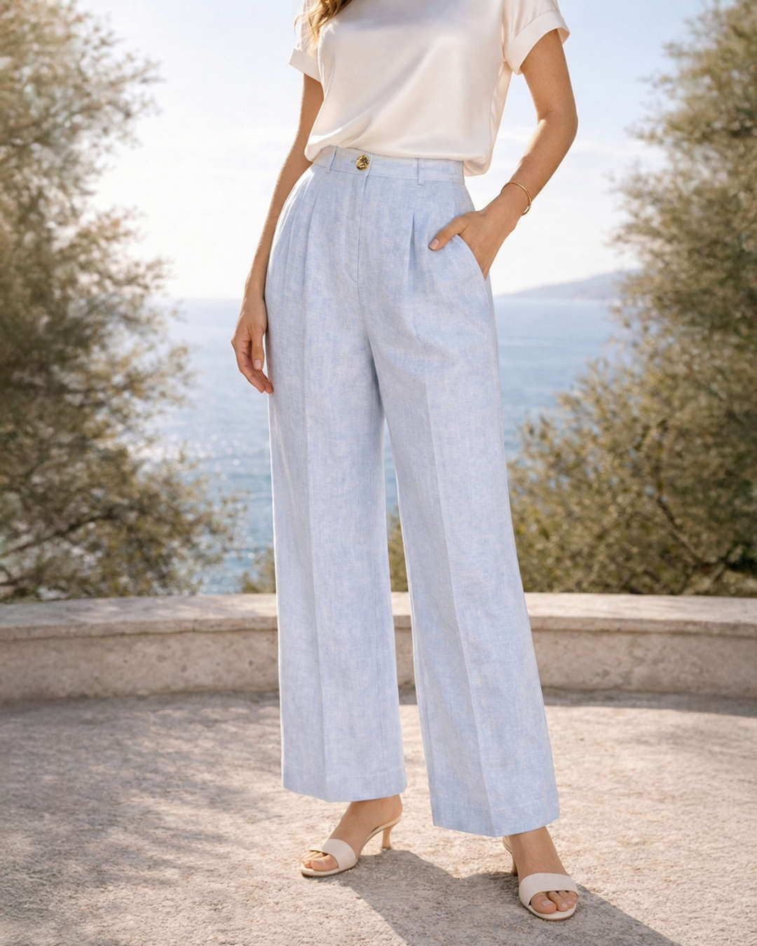 Lina Italian Linen Pants Sky Blue