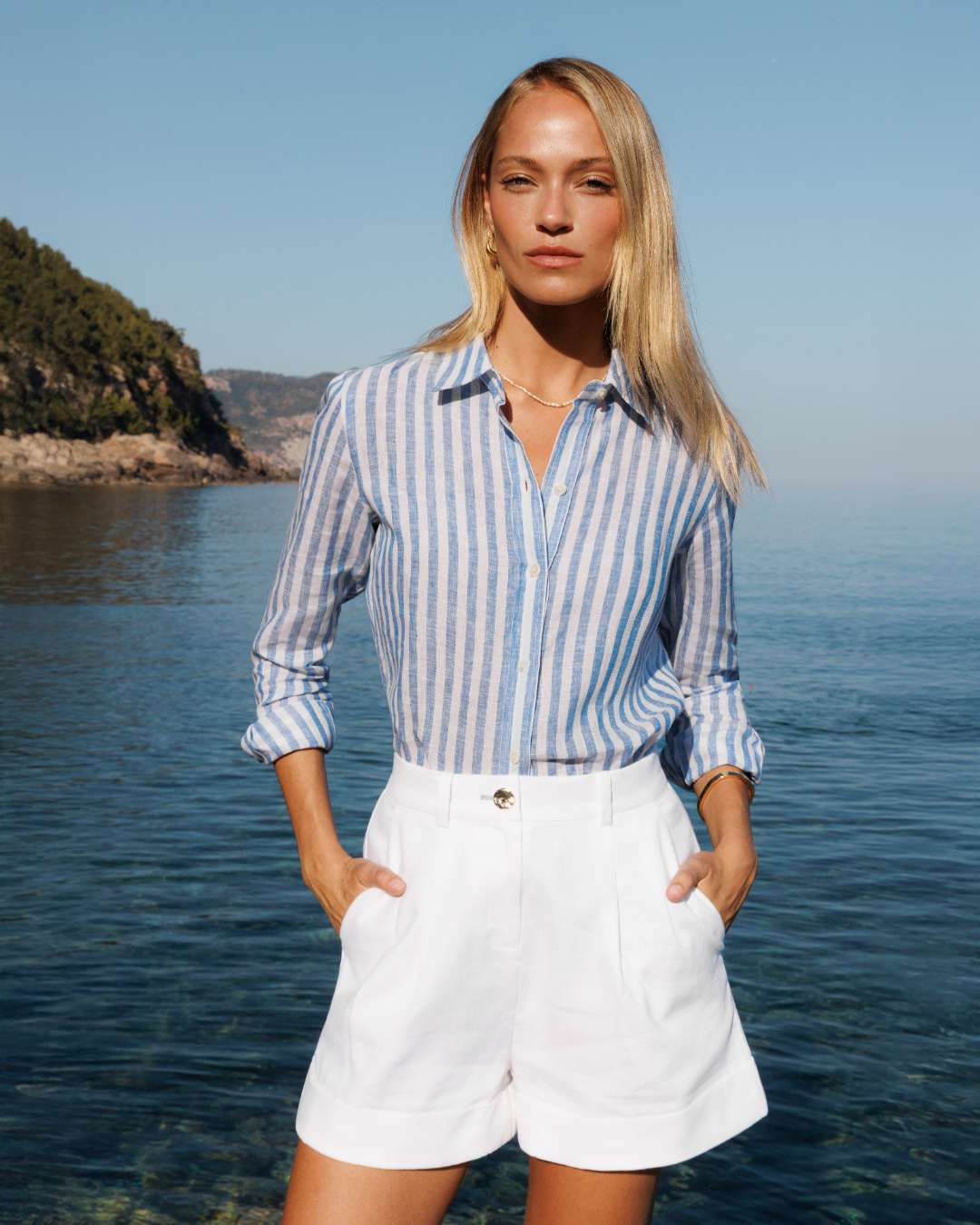 Ravella Linen Shirt - Mediterranean Blue Stripe 