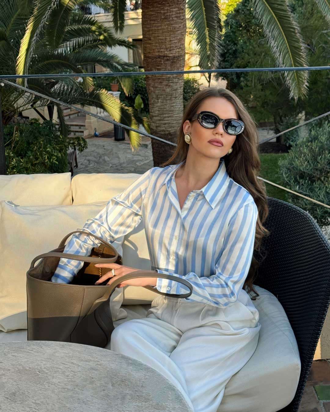 Monaco Silk Blouse - Sky Blue Stripe