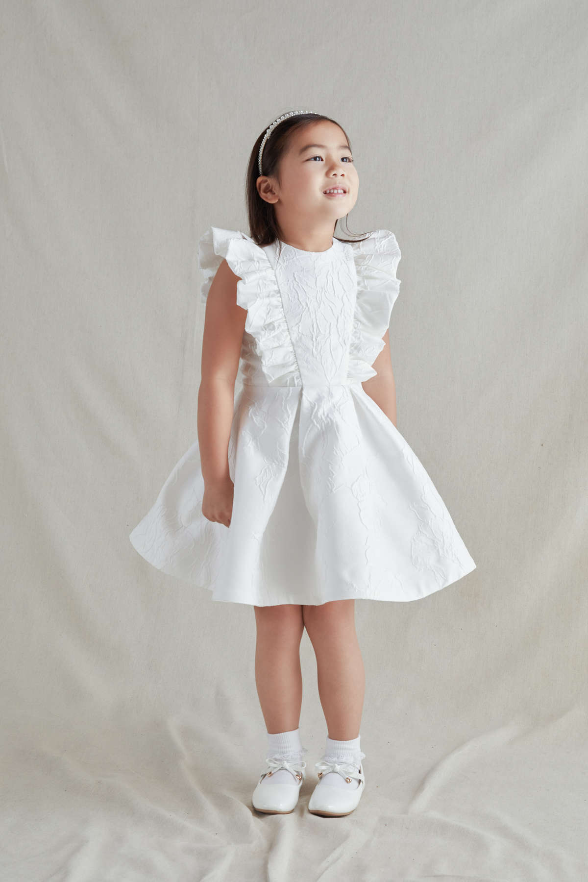 Little Girl's White Satin and White Floral Lace Flower Girl Dress