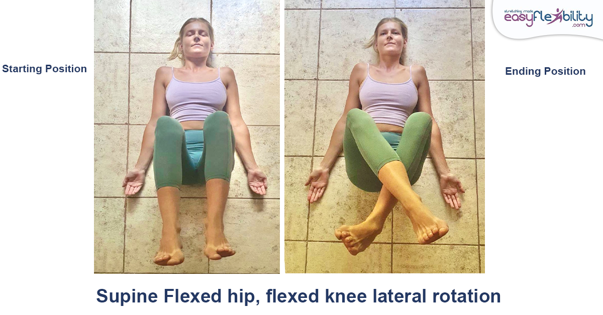 A woman with bent knees lying on the floor doing flexed knee lateral hip rotation