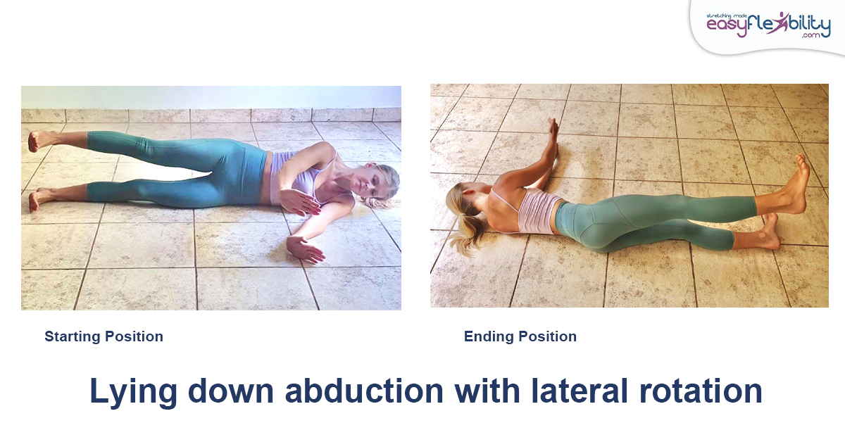 A woman lying on her side on the floor doing abduction with lateral rotation of the hip