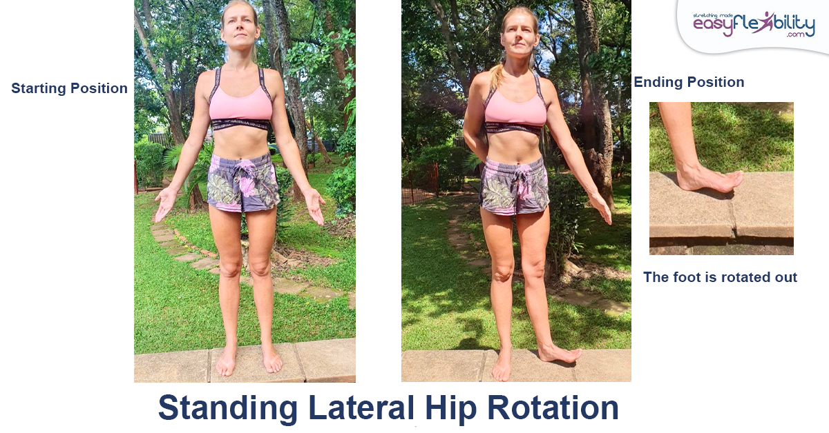 A woman demonstrating standing lateral hip rotation in the park