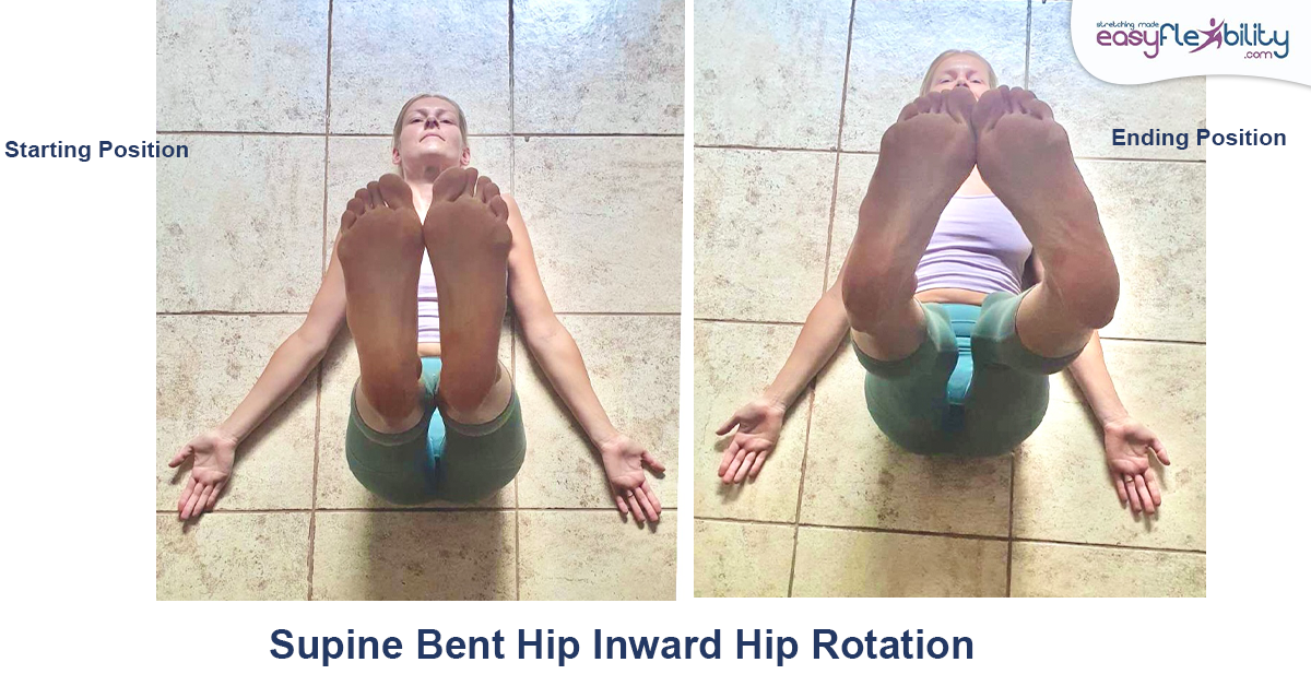 A woman lying on the floor with legs lifted doing a bent hip inward hip rotation