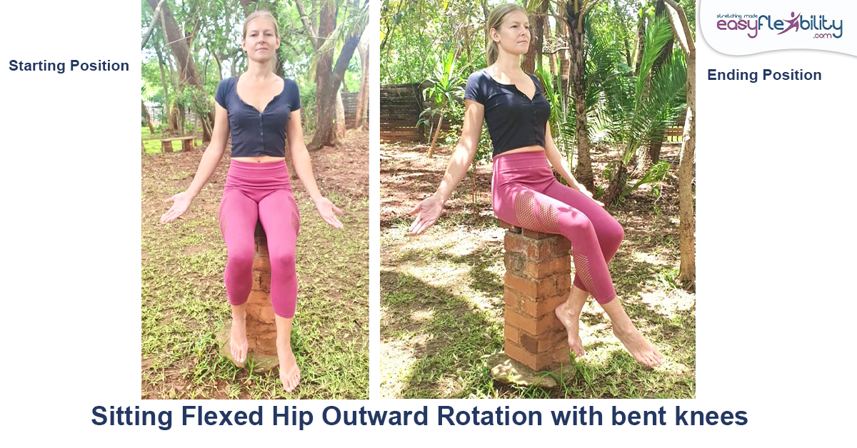 A woman in a park showing flexed hip outward rotation with bent knees