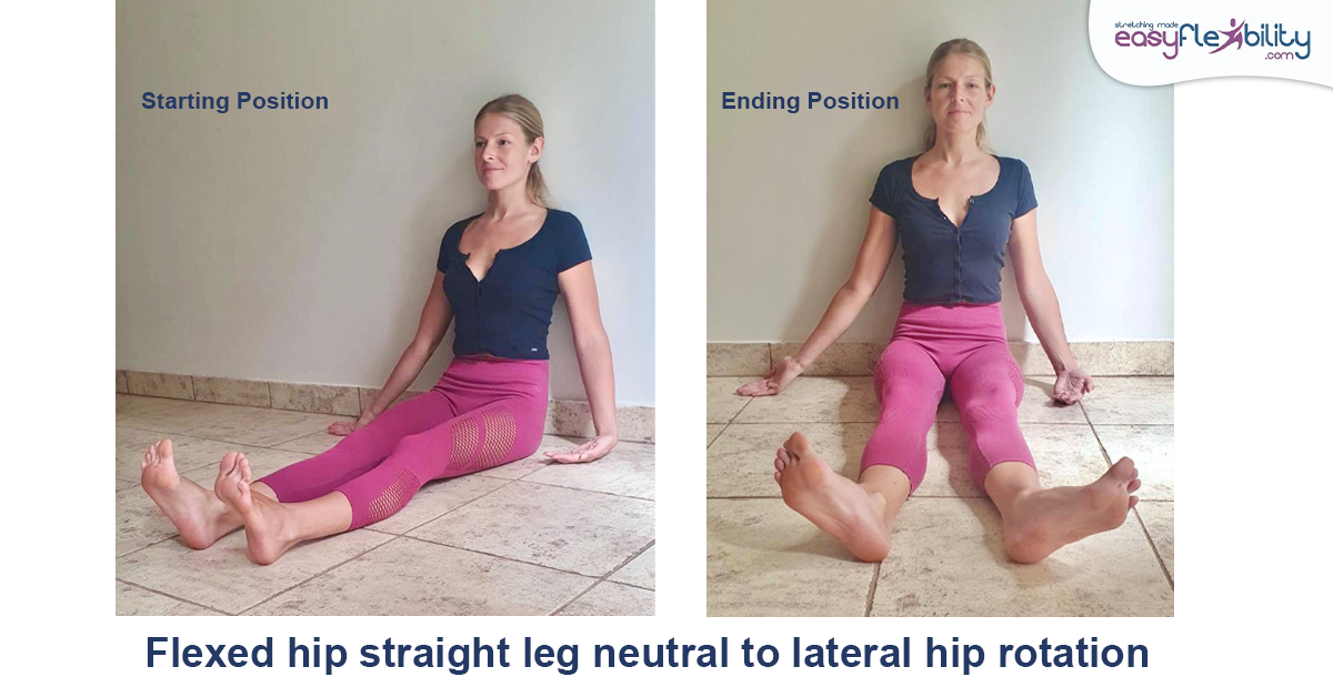 A woman sitting on the floor showing flexed hip lateral hip rotation exerise