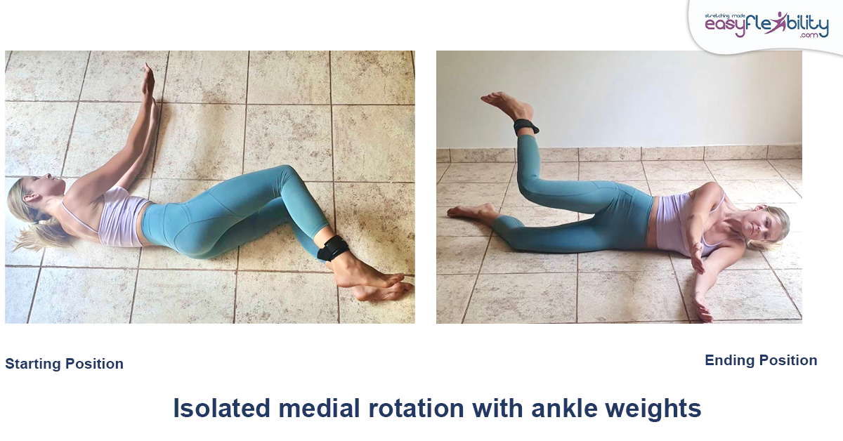 A woman with ankle weight on her ankle lying on the floor doing a medial rotation of the hip with top leg