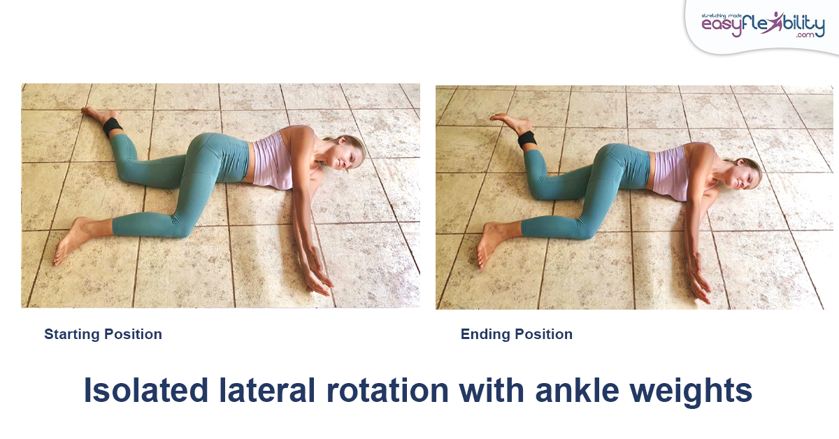 A woman with ankle weight on her ankle lying on the floor doing a lateral rotation of the hip with bottom leg