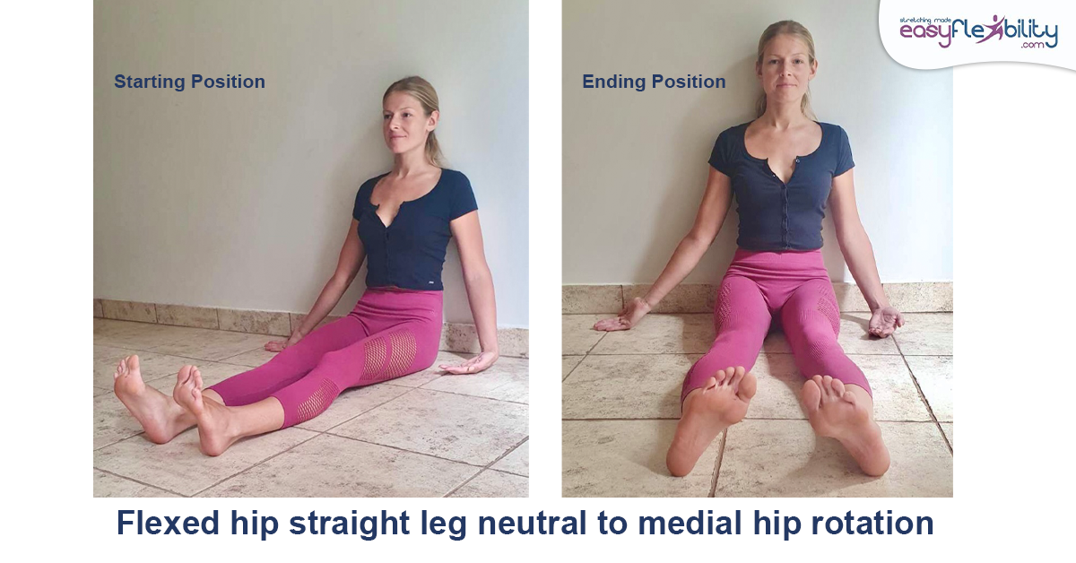 A woman showing flexed hip leg medial hip rotation exercise