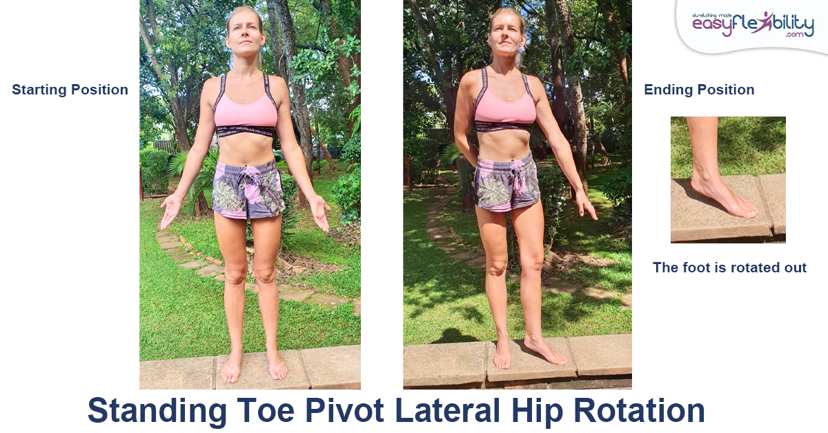A woman showing to pivot lateral hip rotation exercise