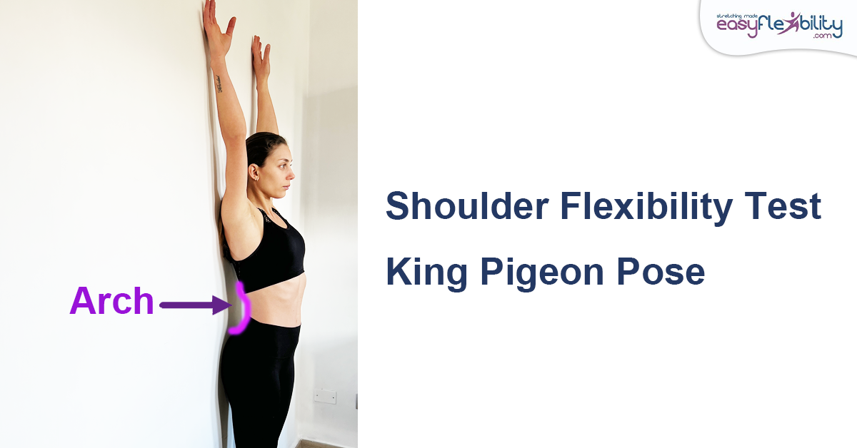 A young femaile standing against the wall doing overhead arm  movement to test for King Pigeon Pose 1200 x 628 