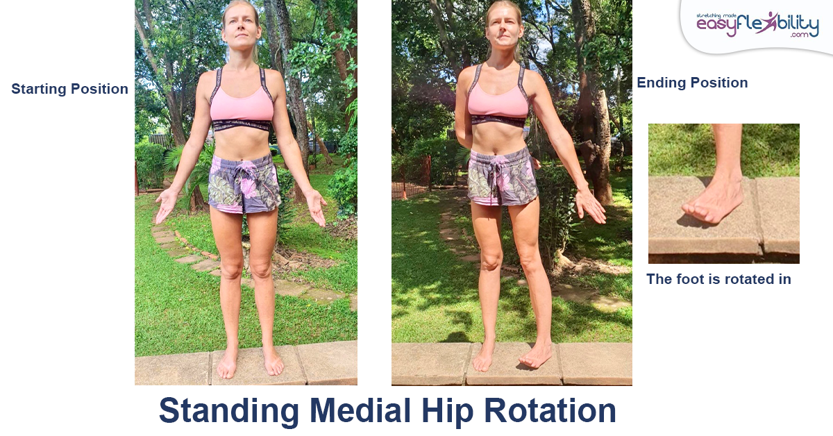 A woman demonstrating Standing Medial Hip Rotation