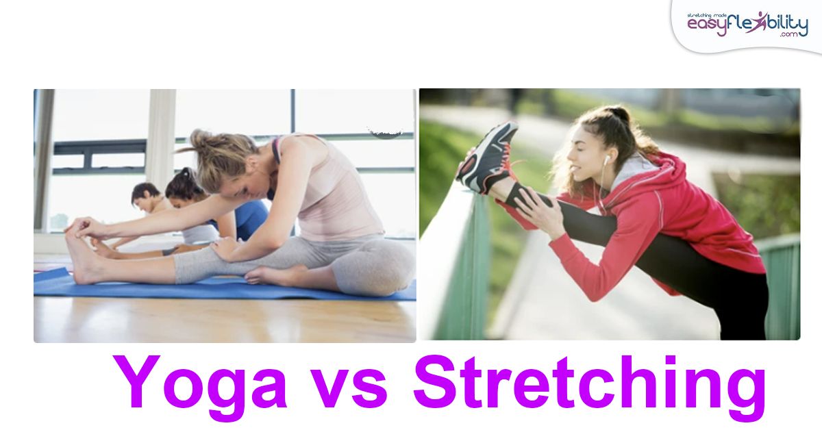 women in yoga studio doing hamstrings stretch with words yoga vs stretching