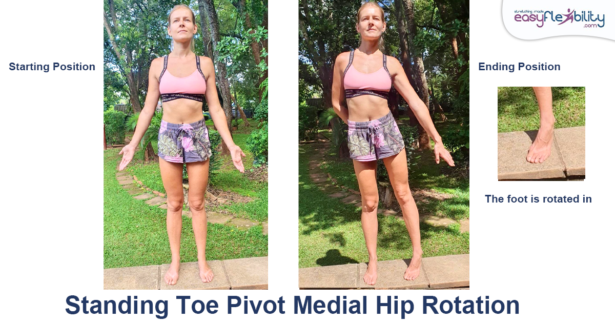 A blond woman showing standing toe pivot medial hip rotation exercise