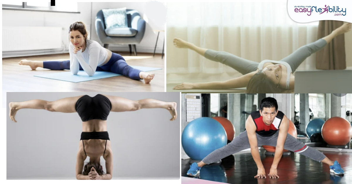 four pictures of people doing side splits in different places 