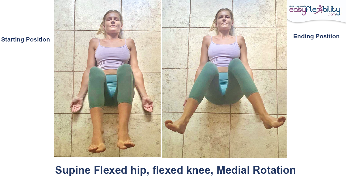 A woman with bent knees lying on the floor doing flexed knee medial hip rotation
