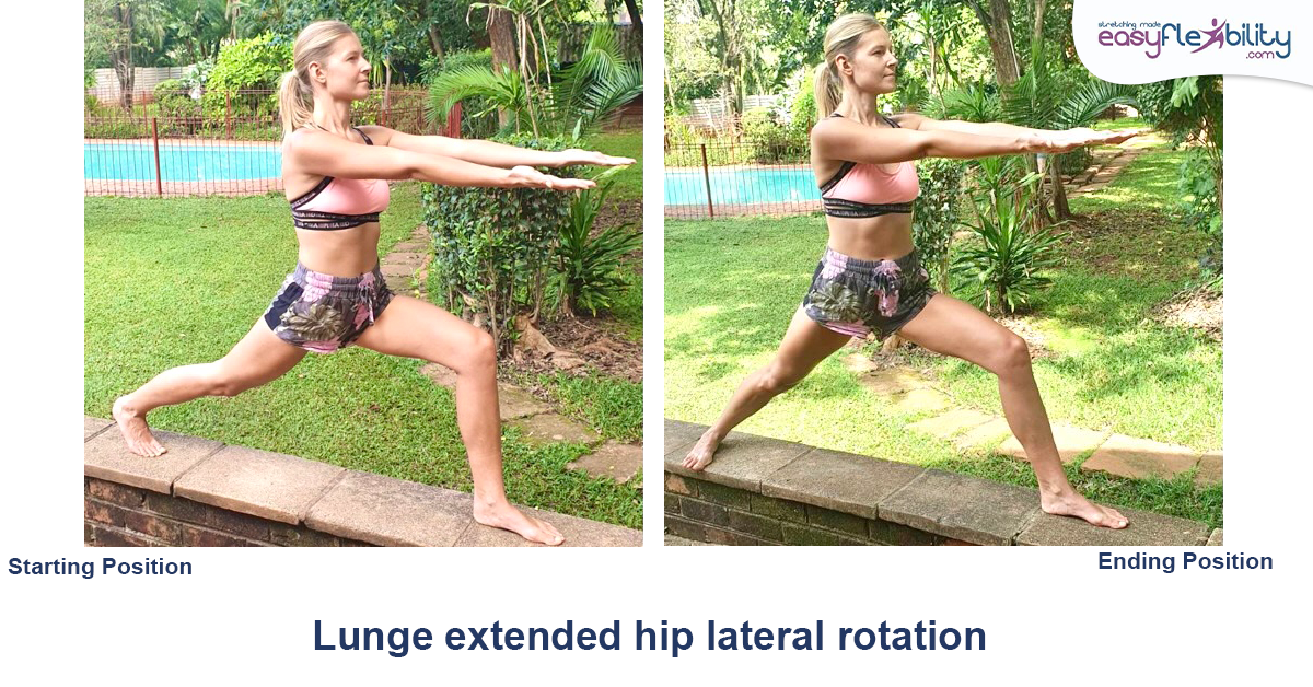 A woman in a park doing a lunge extended hip lateral rotation