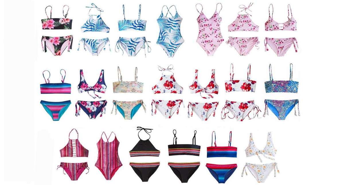 Pink-blue-yellow-black-floral-and-striped-2piece-swimsuits-for-teen-girls-young-women