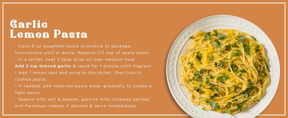 Garlic minced fresh premium organic seasoning pasta lemon rich zesty flavor cooking kitchen pantry