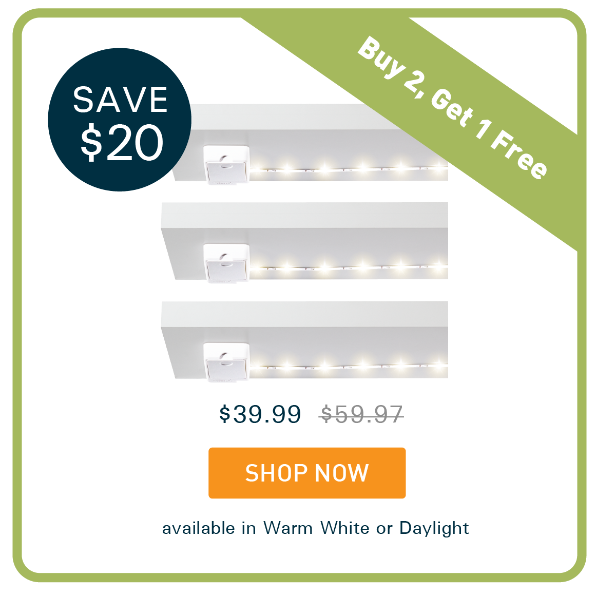 Luminoodle click light for closet, pantries, shelves, garage, home