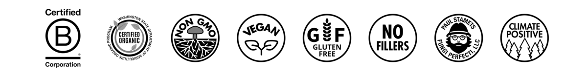 USDA Certified Organic, WSDA Certified Organic, Gluten-Free, Non-GMO, National Sanitation Foundation, Vegan, Eco-Friendly Packaging, Founded by Paul Stamets, Bee Friendly