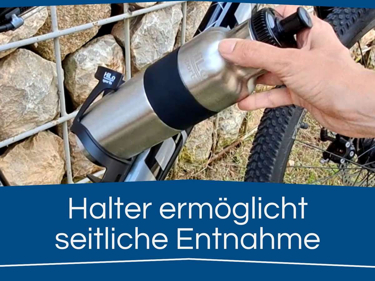 Fahrrad Flaschenhalter zur seitlichen Entnahme.