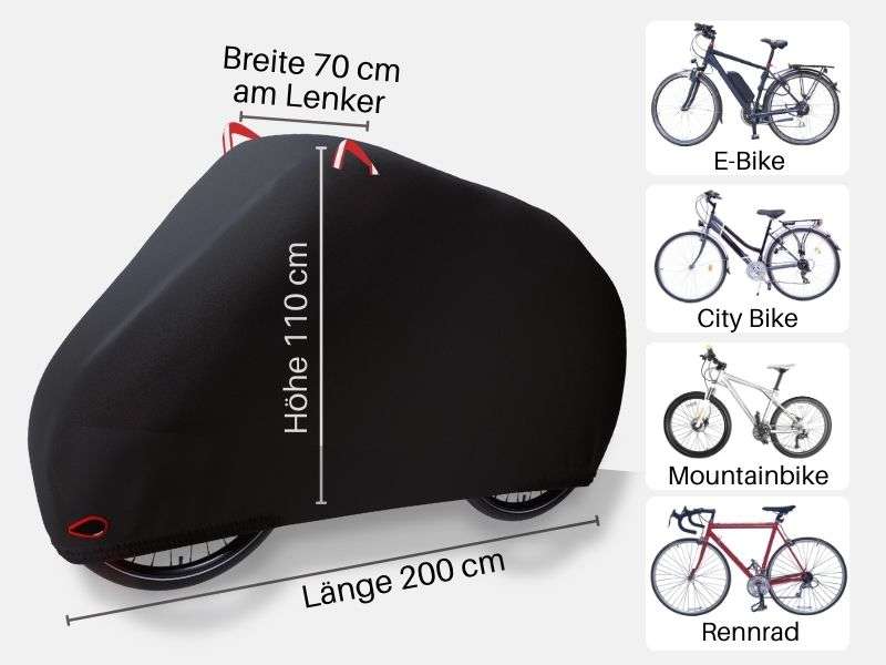 Die wasserdichte Fahrradabdeckung passt über jedes Fahrrad, auch über ein E-Bike.