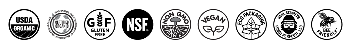 USDA Certified Organic, WSDA Certified Organic, Gluten-Free, National Sanitation Foundation, Non-GMO, Vegan, Eco-Friendly Packaging, Founded by Paul Stamets, Bee Friendly