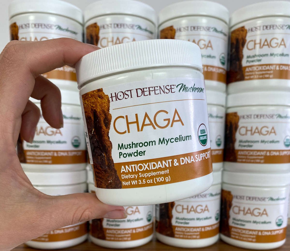 Host Defense Chaga Powder container in hand