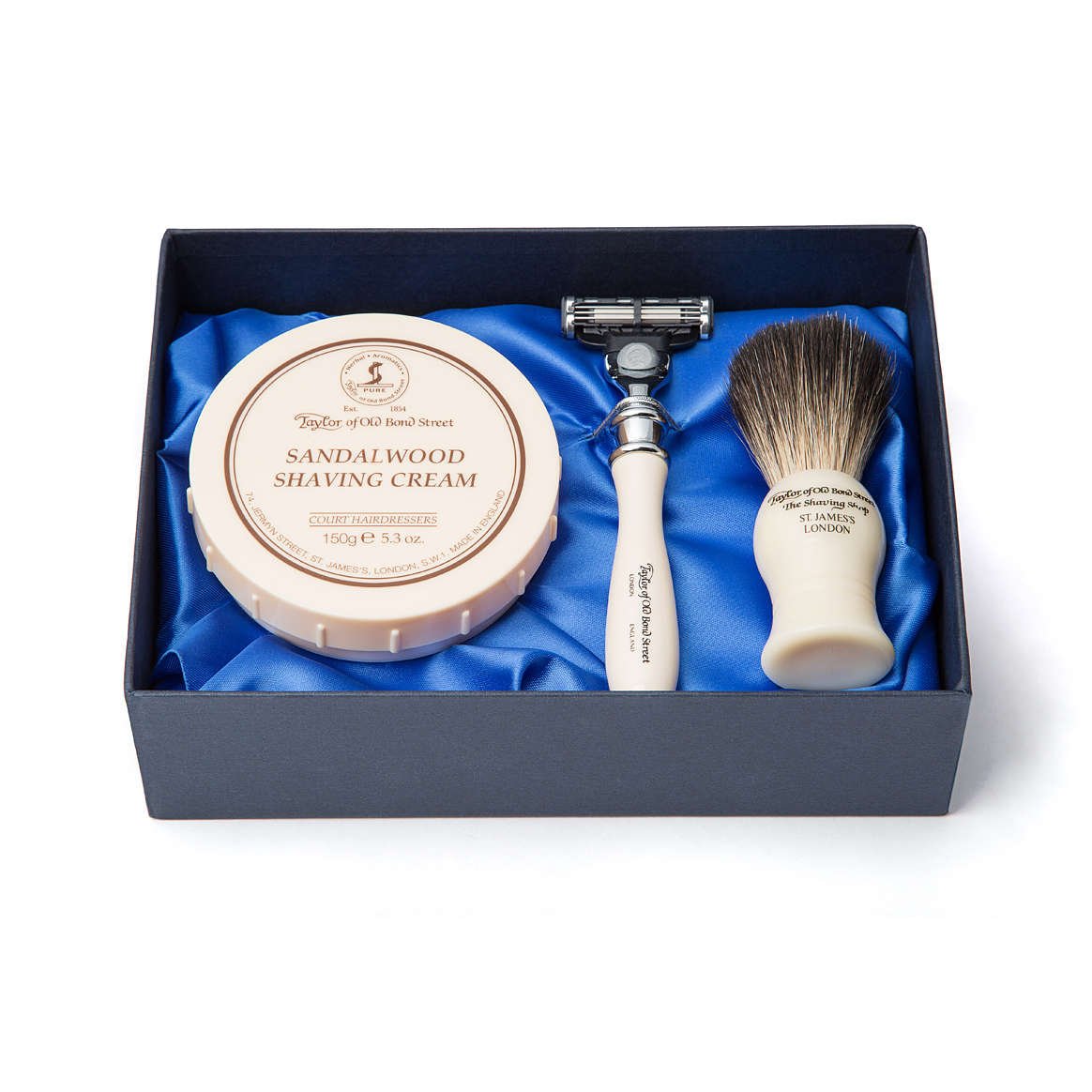 Wet shave starter gift sets of razor, brush and shaving cream bowl