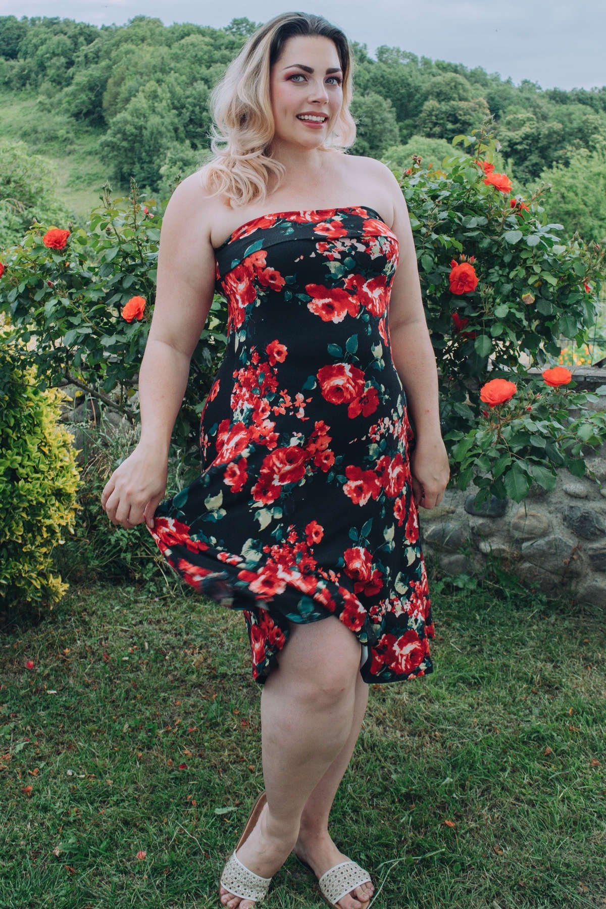 plus size wear ever skirt dress in coral rose print