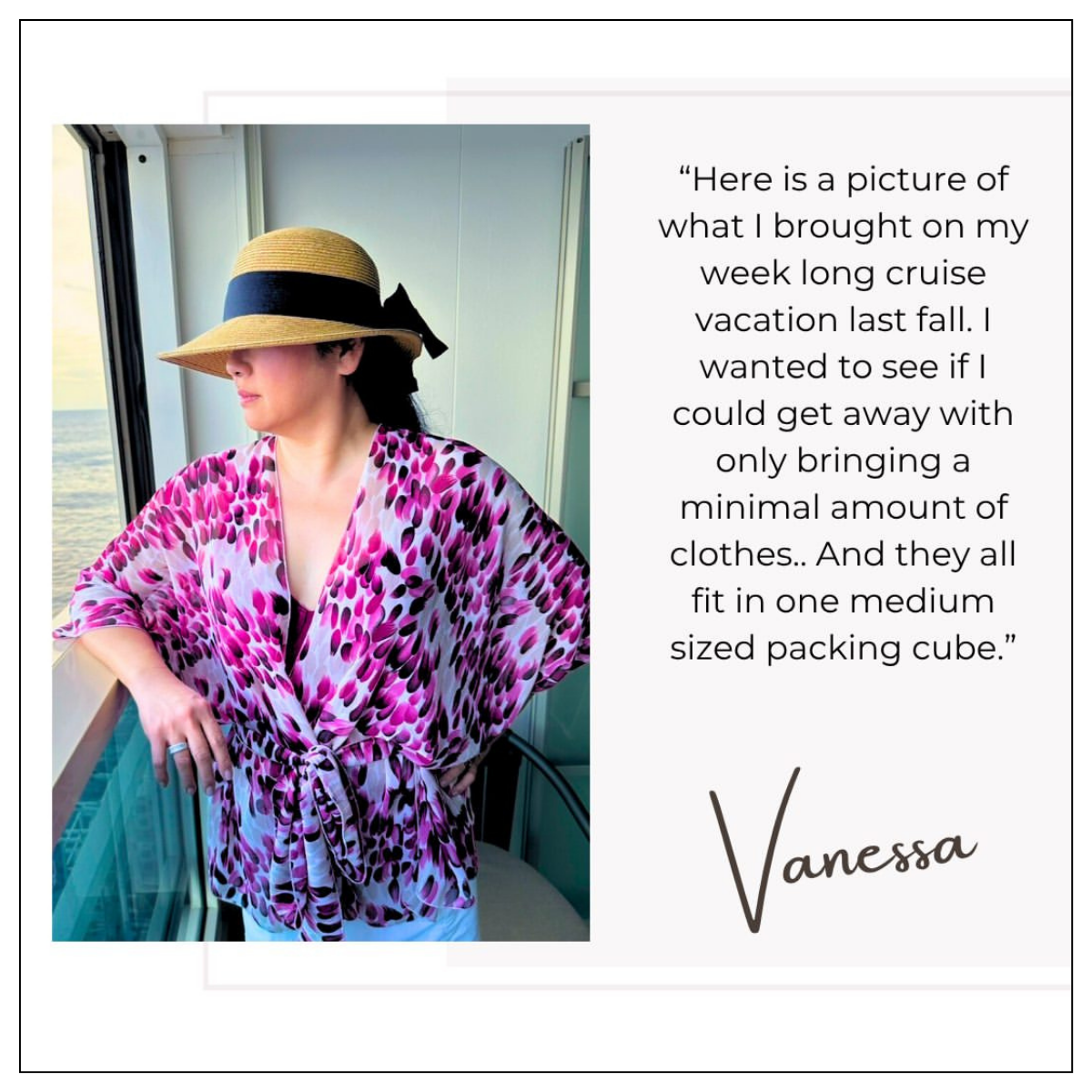 Customer review photo of Vanessa on a cruise wearing a pink and white patterned Diane Kroe Butterfly Wrap top