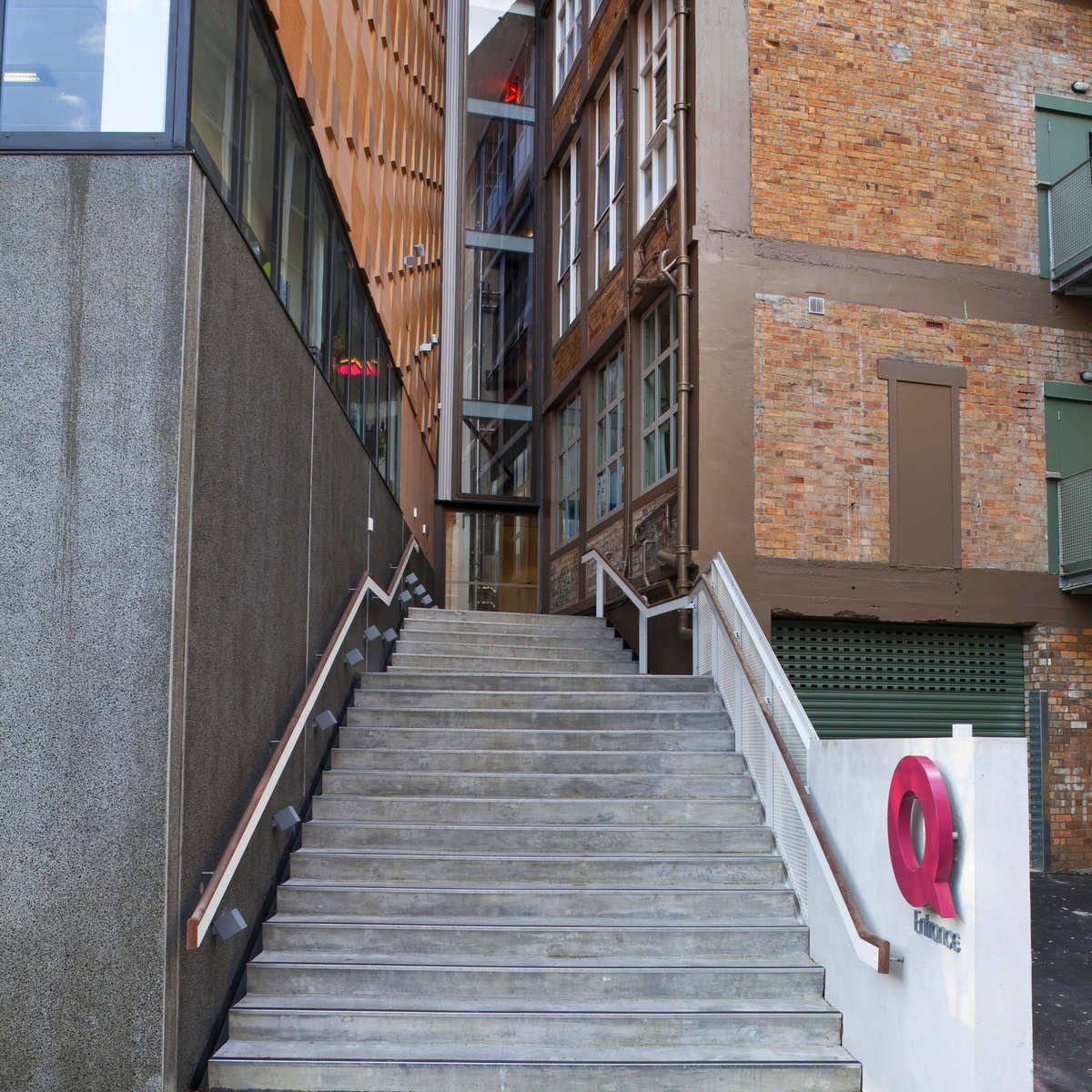 Concrete stairs leading to entrance to Q Theatre