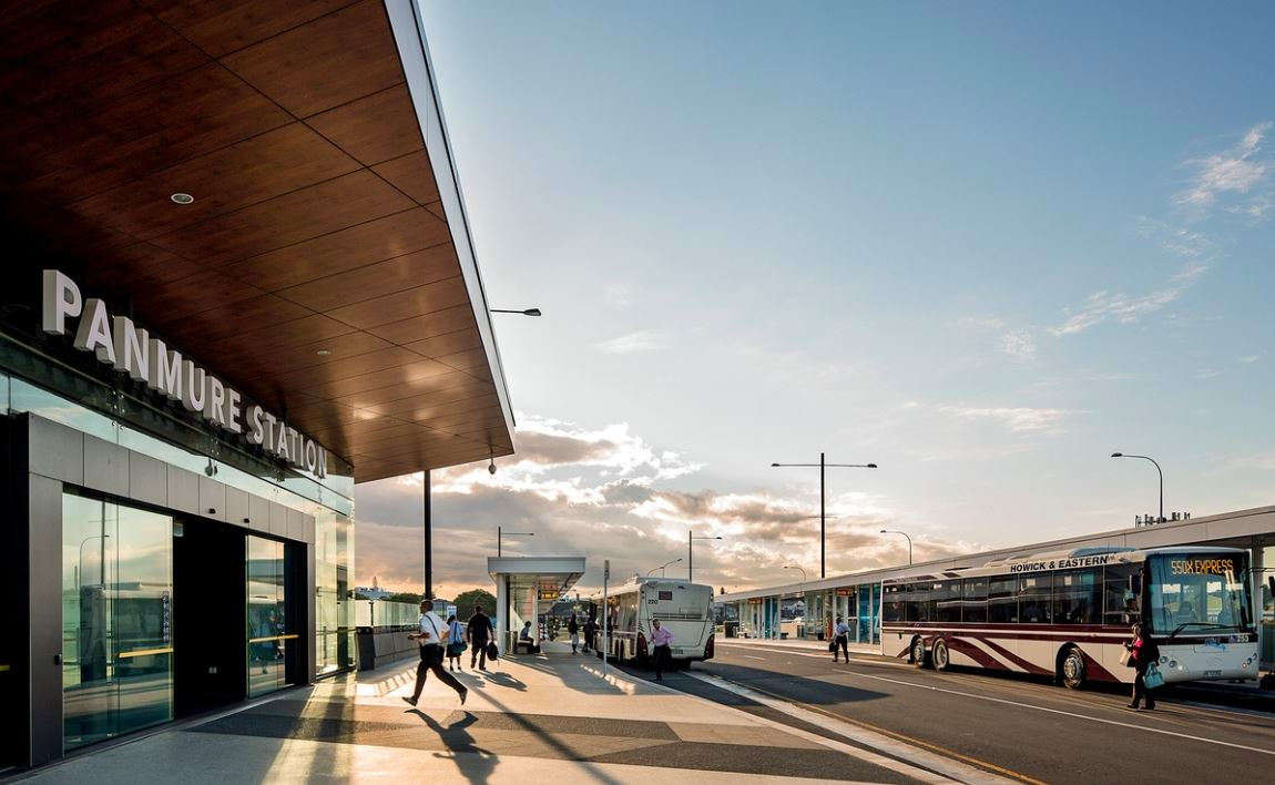 Hero shot of main entrance to Panmure Train Station as seen from the bus terminal