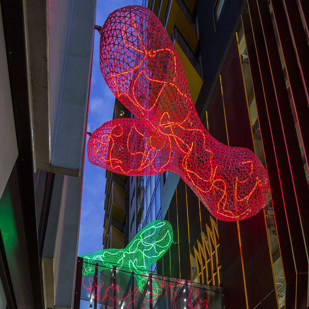 Context photo of suspended red and green neon art sculptures