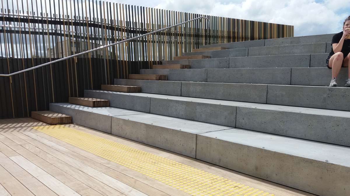 TacPro yellow polyurethane tactile indicators installed to timber at top of lookout stairs (2)