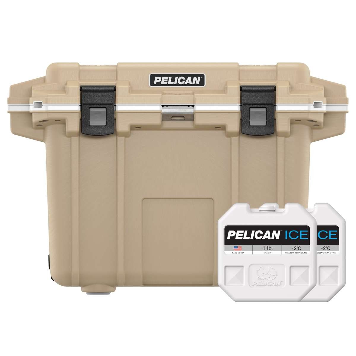 50QT Tan/White Elite Cooler with two free 1lb Pelican Ice Packs